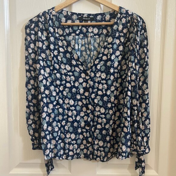Madewell Shirt Tie-Sleeve Button-Down Top in French Floral S VNeck Boho Peasant - Picture 2 of 8